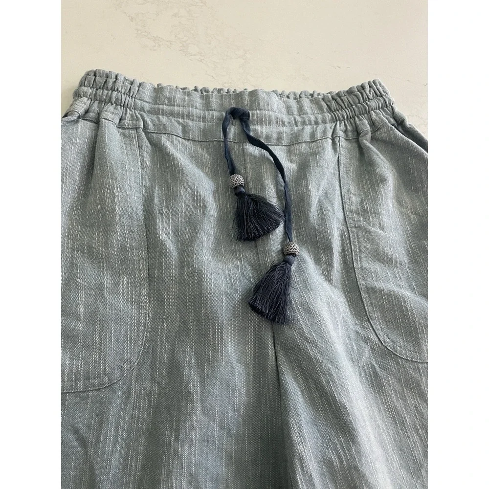 Womens Blue Striped Cropped Pants Elastic Waist Drawstring Tassel Frayed Hem - Picture 5 of 10